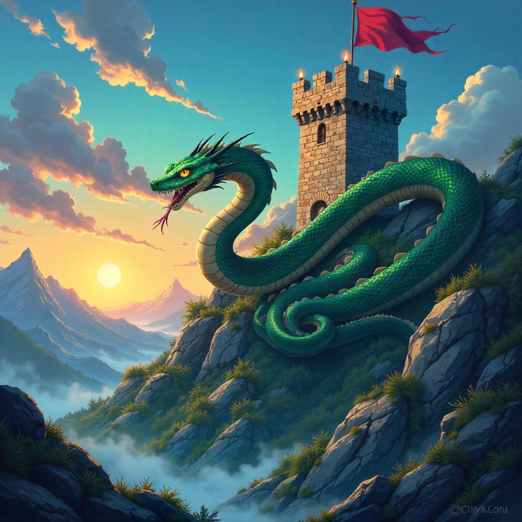 Anime Serpent Guarding a Stone Fortress