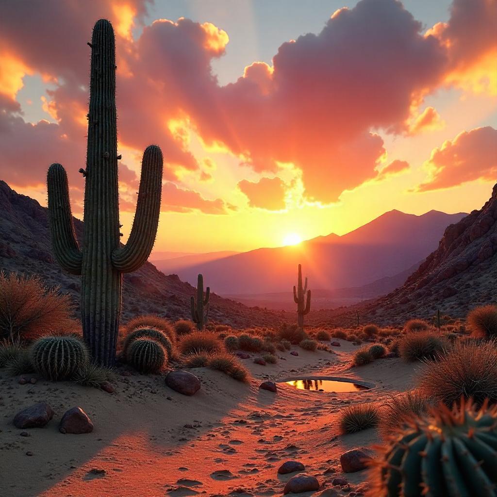 Golden Hour Desert: 3D Render Among Cacti
